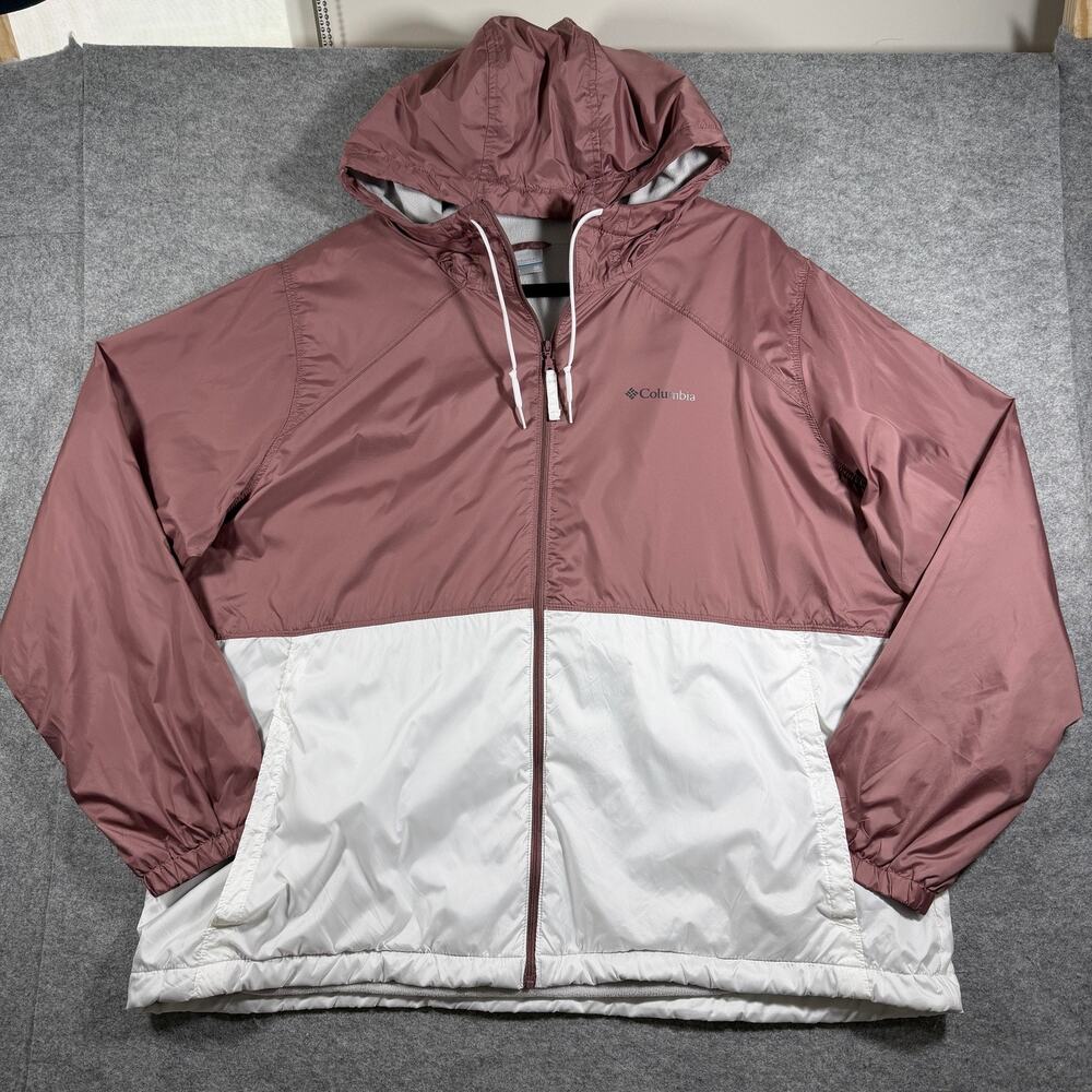 Columbia Windbreaker Jacket Womens 2XL Mauve Pink Fleece Lined Hooded Full Zip